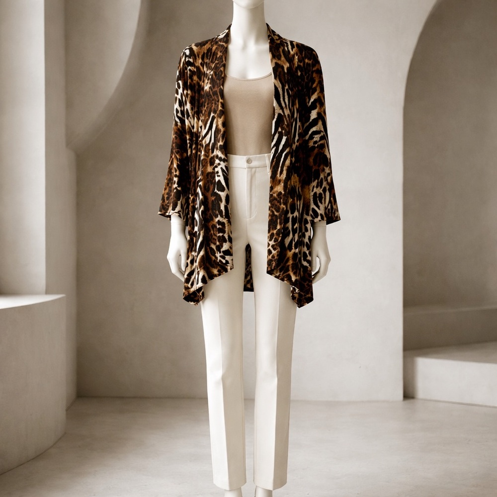 Donna Salyers Fabulous Fur Leopard Print Draped Open Cardigan kimono Women's M